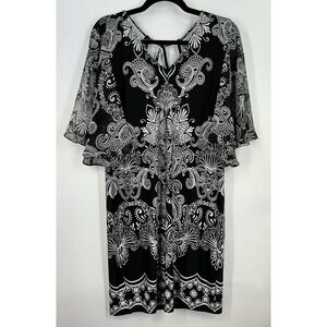Chiasso Black White Paisley V-Neck Dress Lattice Strap Flutter Sleeves Boho M